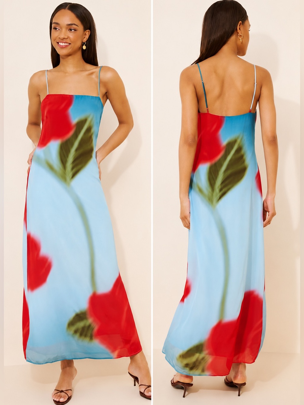 Ownley Becky Full Length Dress Blue Floral Slip Maxi Rayon Size M